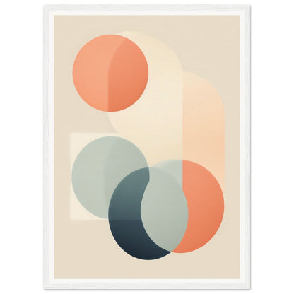 Abstract geometric artwork featuring overlapping circles in muted orange, teal, and navy colors.