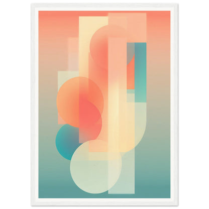 Abstract geometric composition featuring overlapping translucent shapes in soft pastel colors.