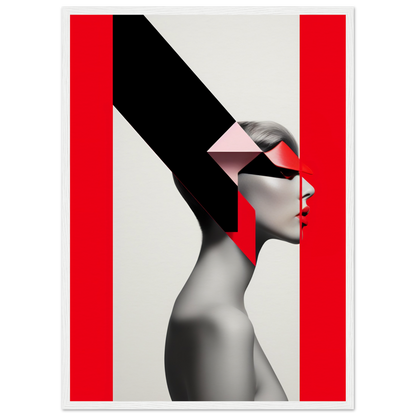 Stylized profile portrait of a person with geometric shapes and bold red accents.