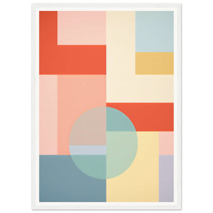 Abstract geometric artwork featuring pastel-colored rectangles and a circular shape.