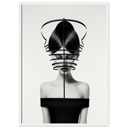 Striking black and white portrait featuring a figure with an abstract, geometric headpiece obscuring the upper face.