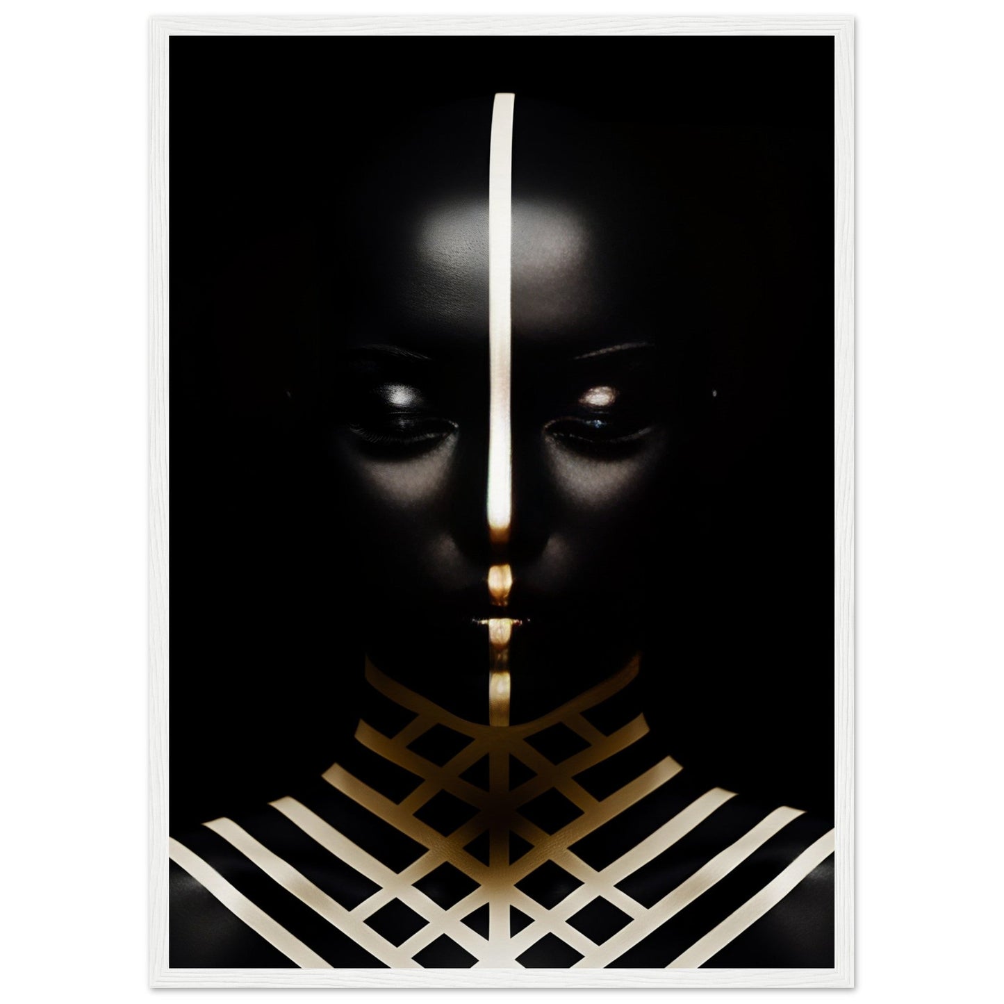 Dark silhouette with glowing eyes and geometric gold and white patterns.