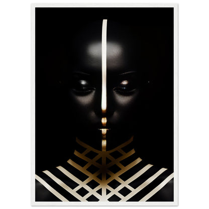 Dark silhouette with glowing eyes and geometric gold and white patterns.