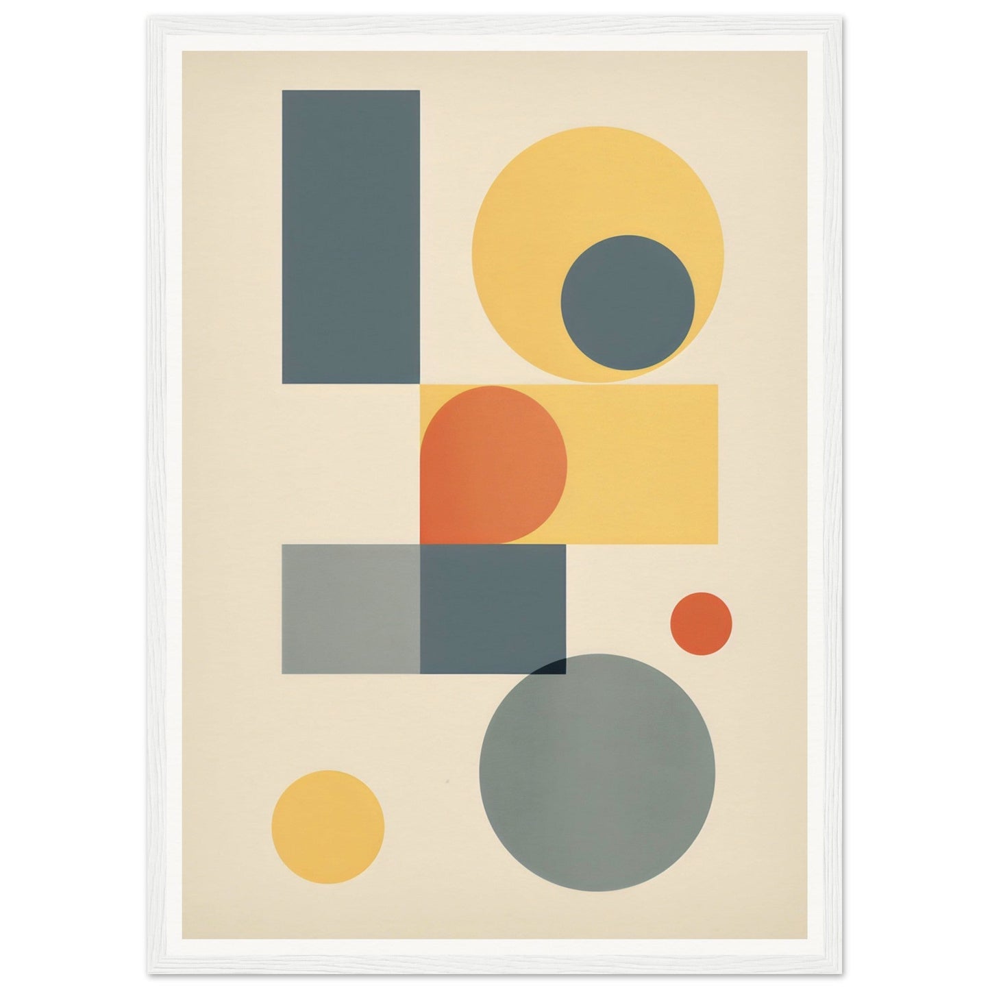 Abstract geometric composition featuring circles, rectangles, and squares in muted colors.