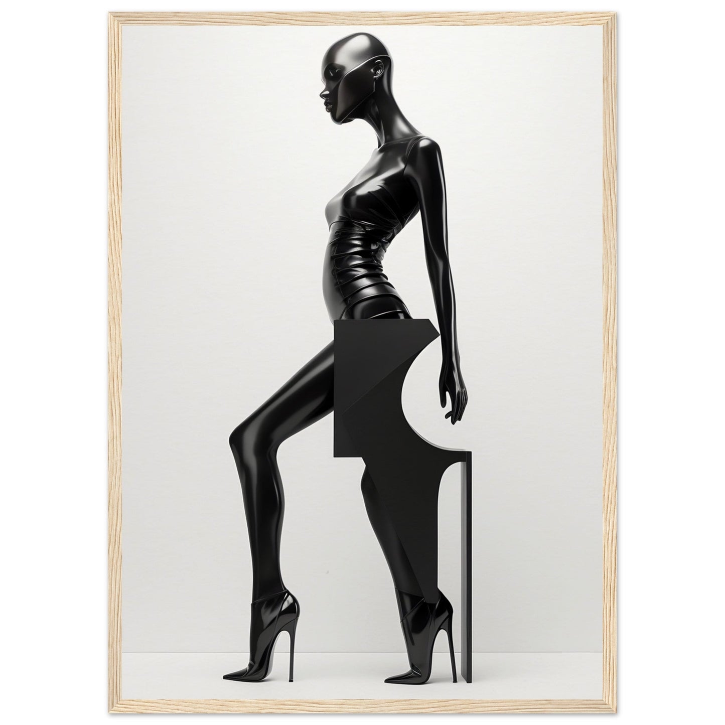 Sleek black mannequin in a stylized pose wearing high heels.