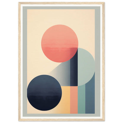 Abstract geometric artwork featuring circles and rectangular shapes in muted pastel colors.