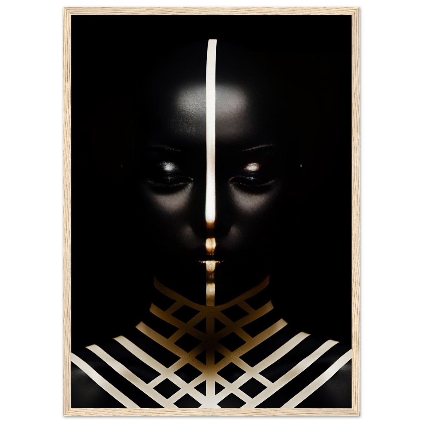 Striking portrait featuring a dark silhouette with glowing eyes and geometric gold and white patterns.