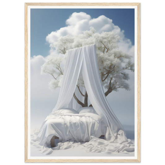 Canopy bed with white drapes surrounded by cloud-like trees.