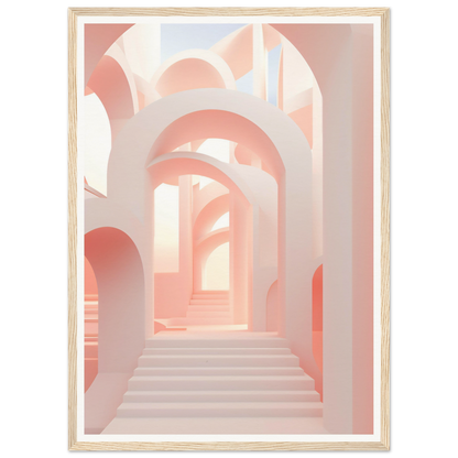 Architectural passageway with arched openings and stairs in soft pink tones.