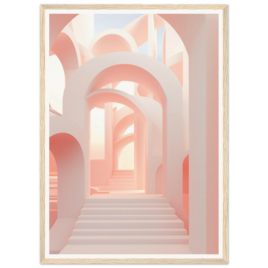 Architectural passageway with arched openings and stairs in soft pink tones.