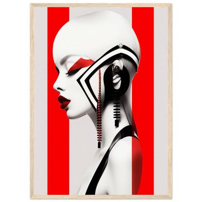 Stylized profile portrait of a woman with dramatic black and white makeup and geometric accessories against a red background.