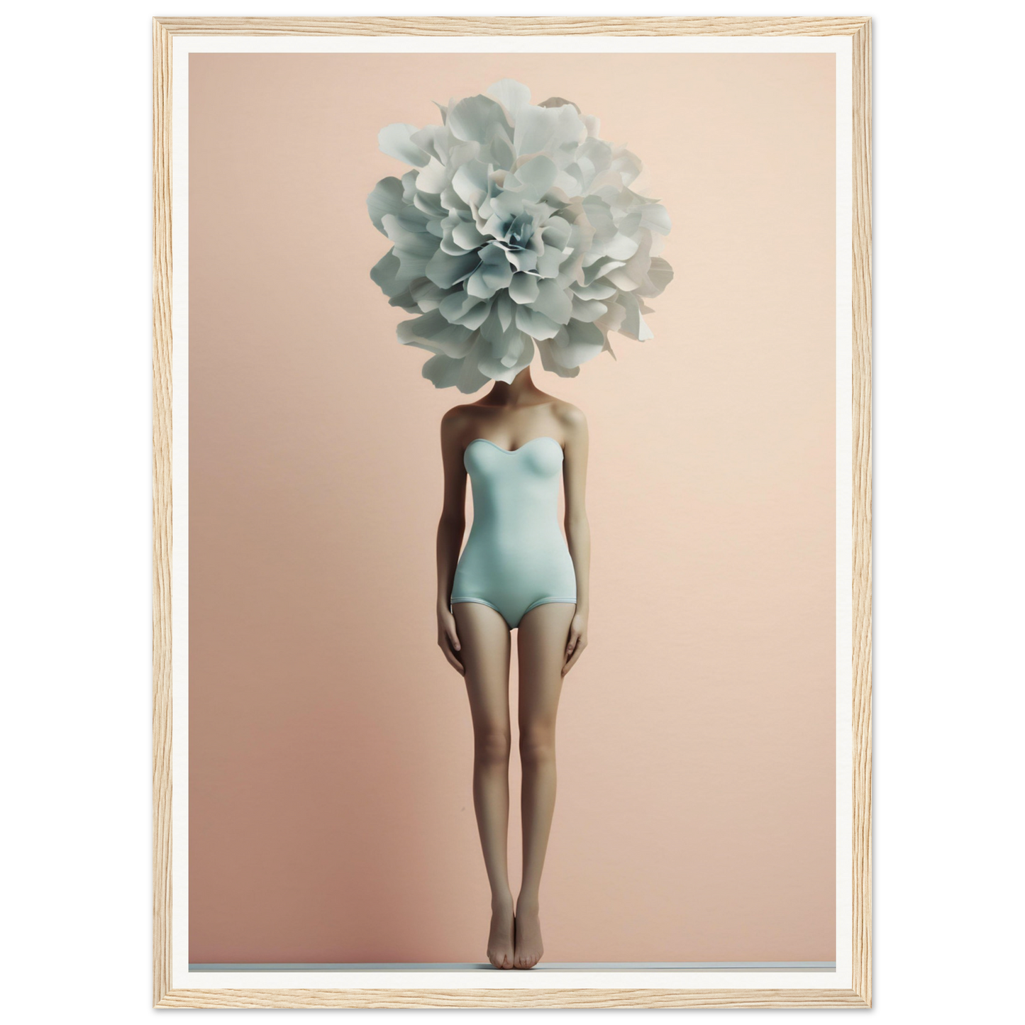 Figure in a pale blue swimsuit with a large mint green flower in place of a head.