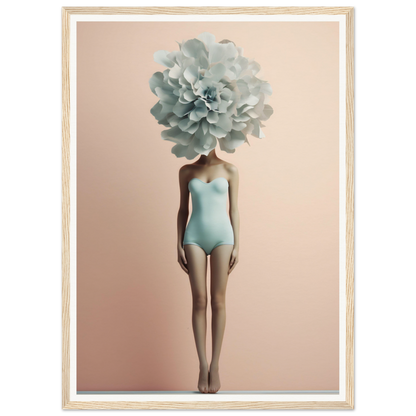 Figure in a pale blue swimsuit with a large mint green flower in place of a head.