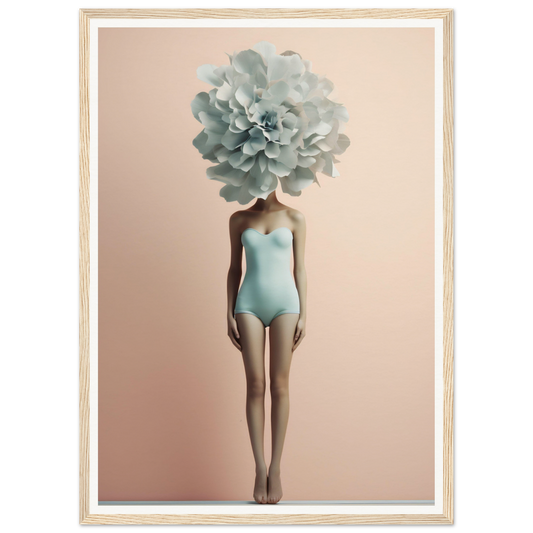 Figure in a pale blue swimsuit with a large mint green flower in place of a head.