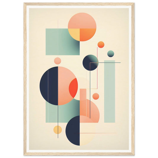 Abstract geometric artwork featuring circles, rectangles, and lines in pastel and muted colors.