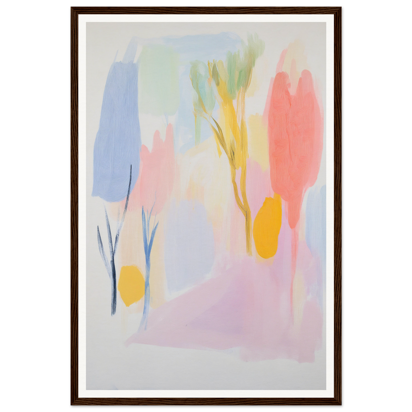 Framed wall art in pastel colors, with organic shapes and brushstrokes for room decor.