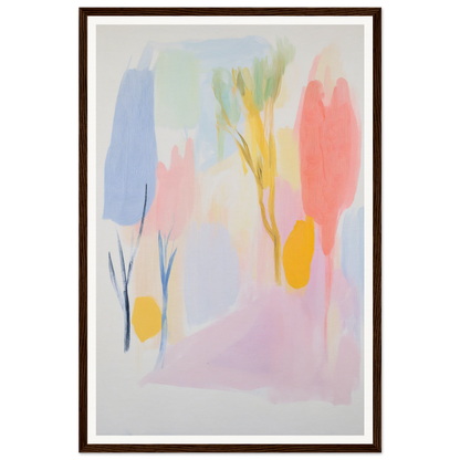 Framed wall art in pastel colors, with organic shapes and brushstrokes for room decor.