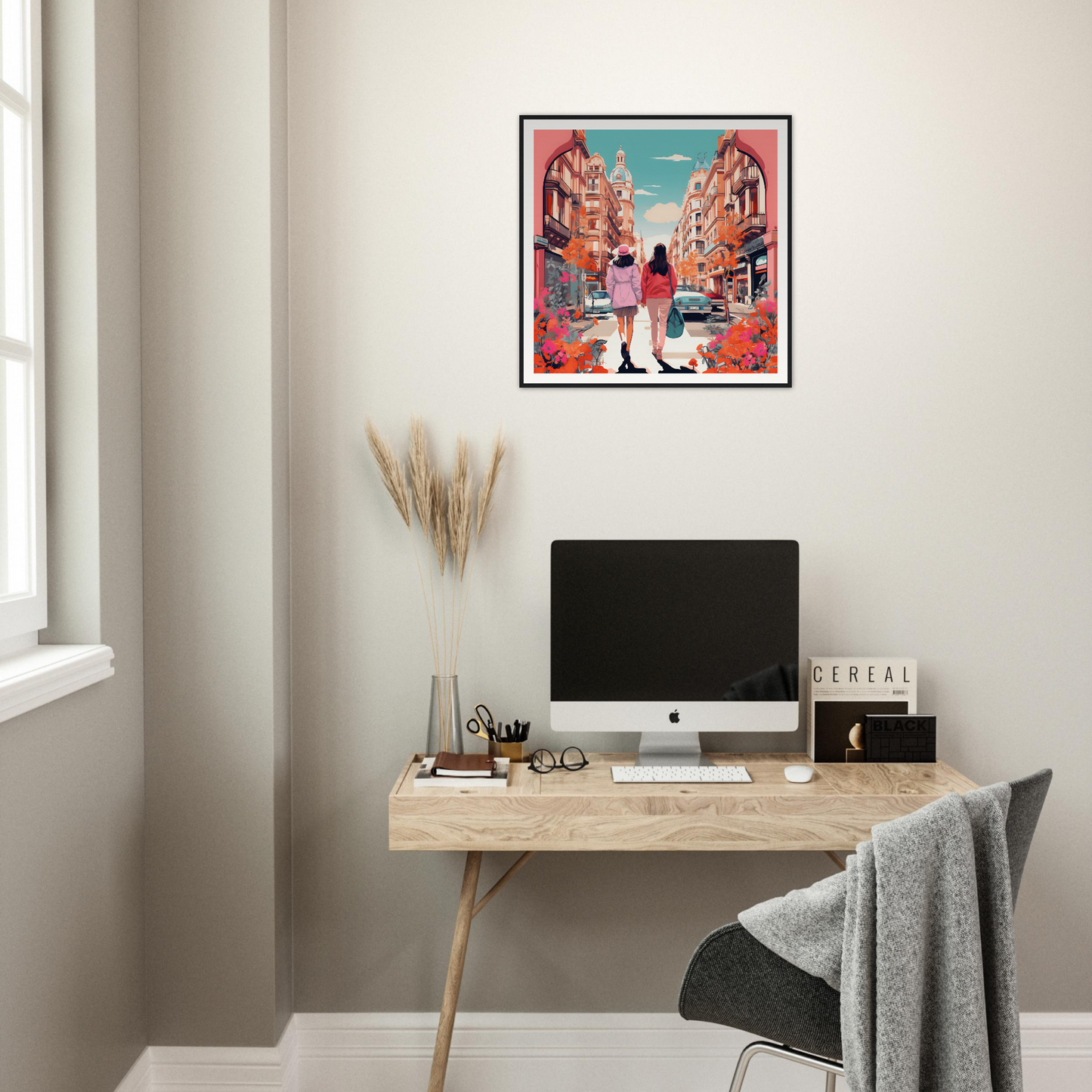 Minimalist wooden desk with iMac and Jazzed Urban Reverie framed wall art above