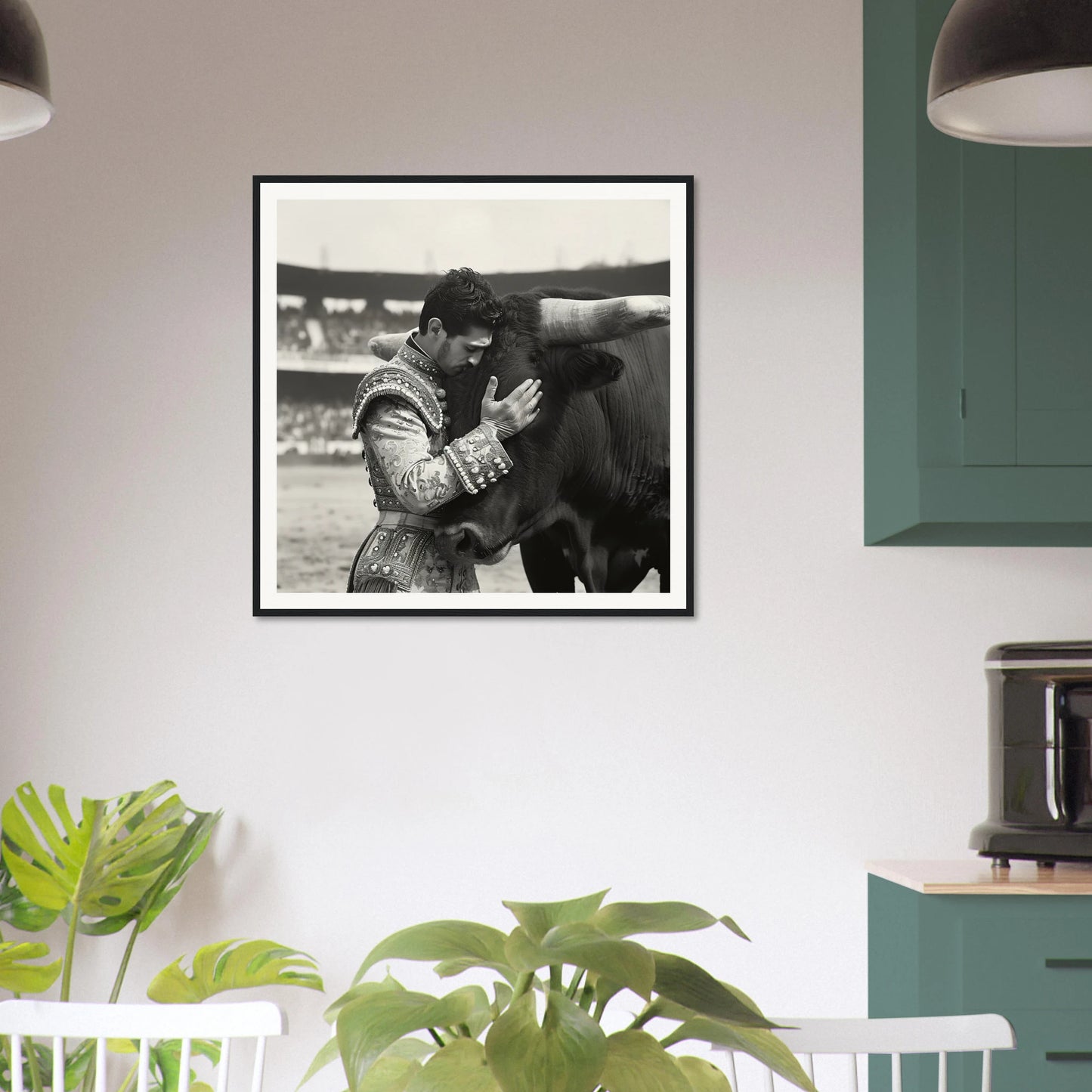 Framed wall art of a tender moment between a person and dog from Bull & Brave