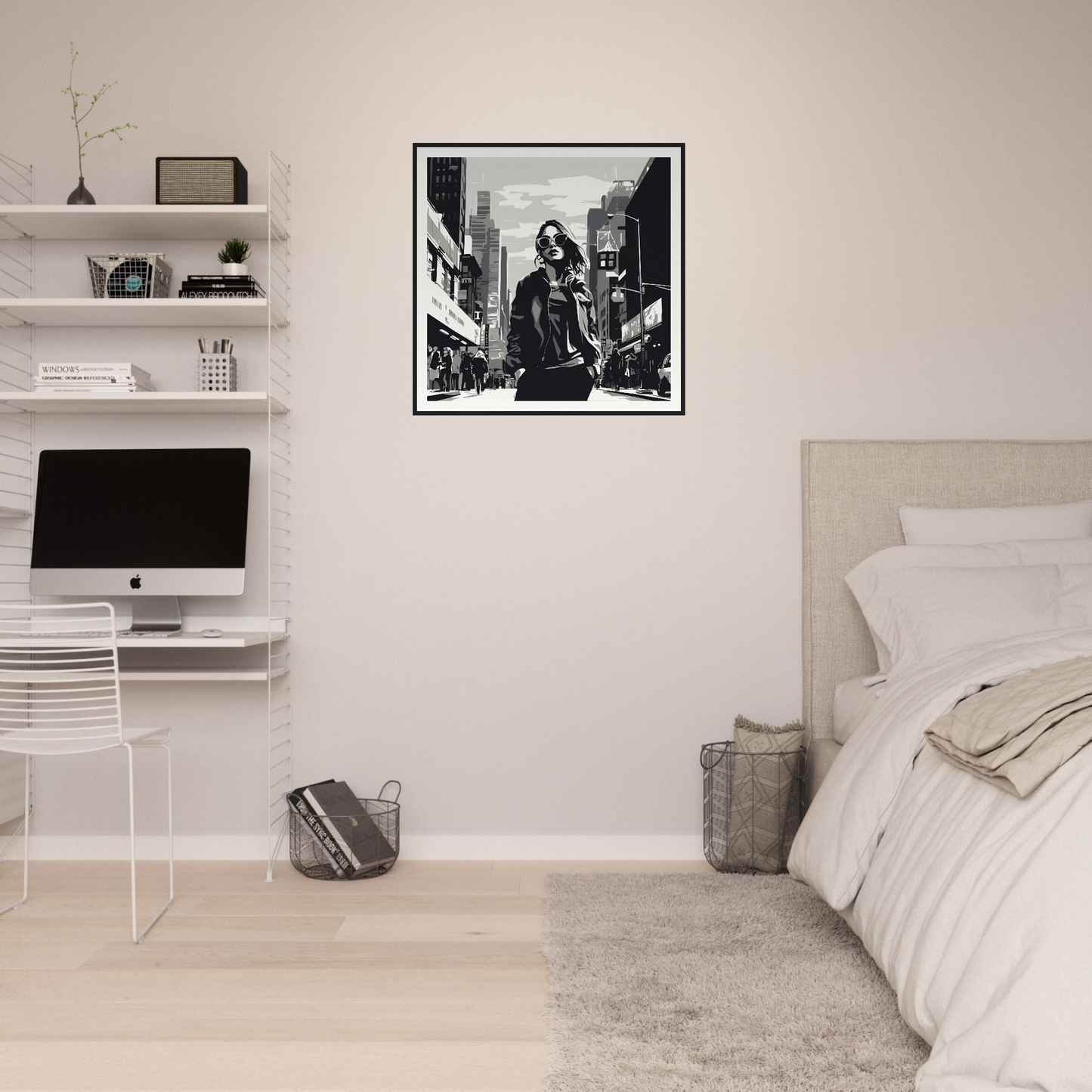 Minimalist bedroom in Chic City’s Echoes with sleek iMac and city’s echoes framed art