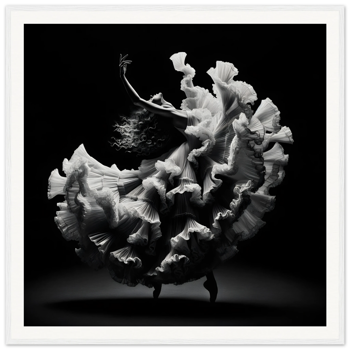 Flowing white ruffled dress in motion from Ecstatic Twirl Shadows framed posters