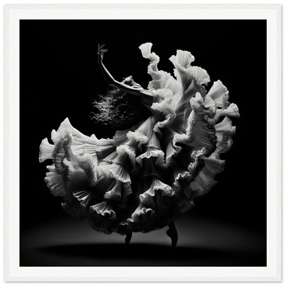 Flowing white ruffled dress in motion from Ecstatic Twirl Shadows framed posters