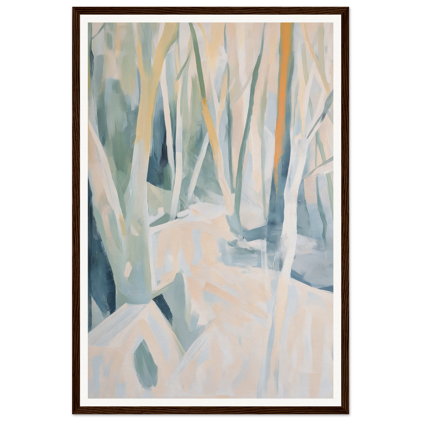 Framed wall art: Abstract painting of trees in muted white, blue, and green tones.