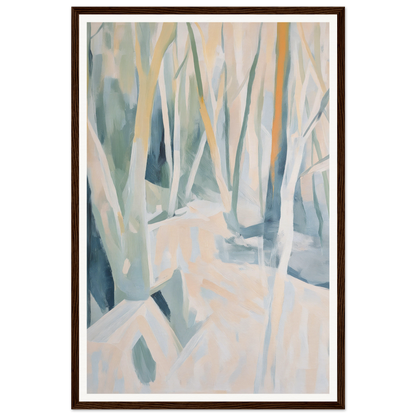 Framed wall art: Abstract painting of trees in muted white, blue, and green tones.