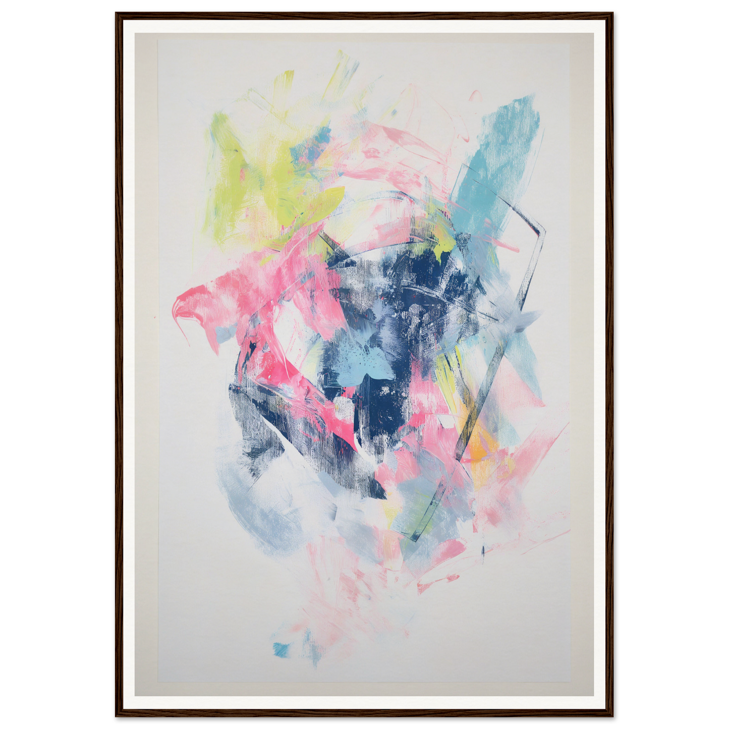 Framed wall art: Abstract painting with pink, blue, and yellow on a white canvas.