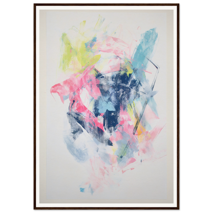 Framed wall art: Abstract painting with pink, blue, and yellow on a white canvas.