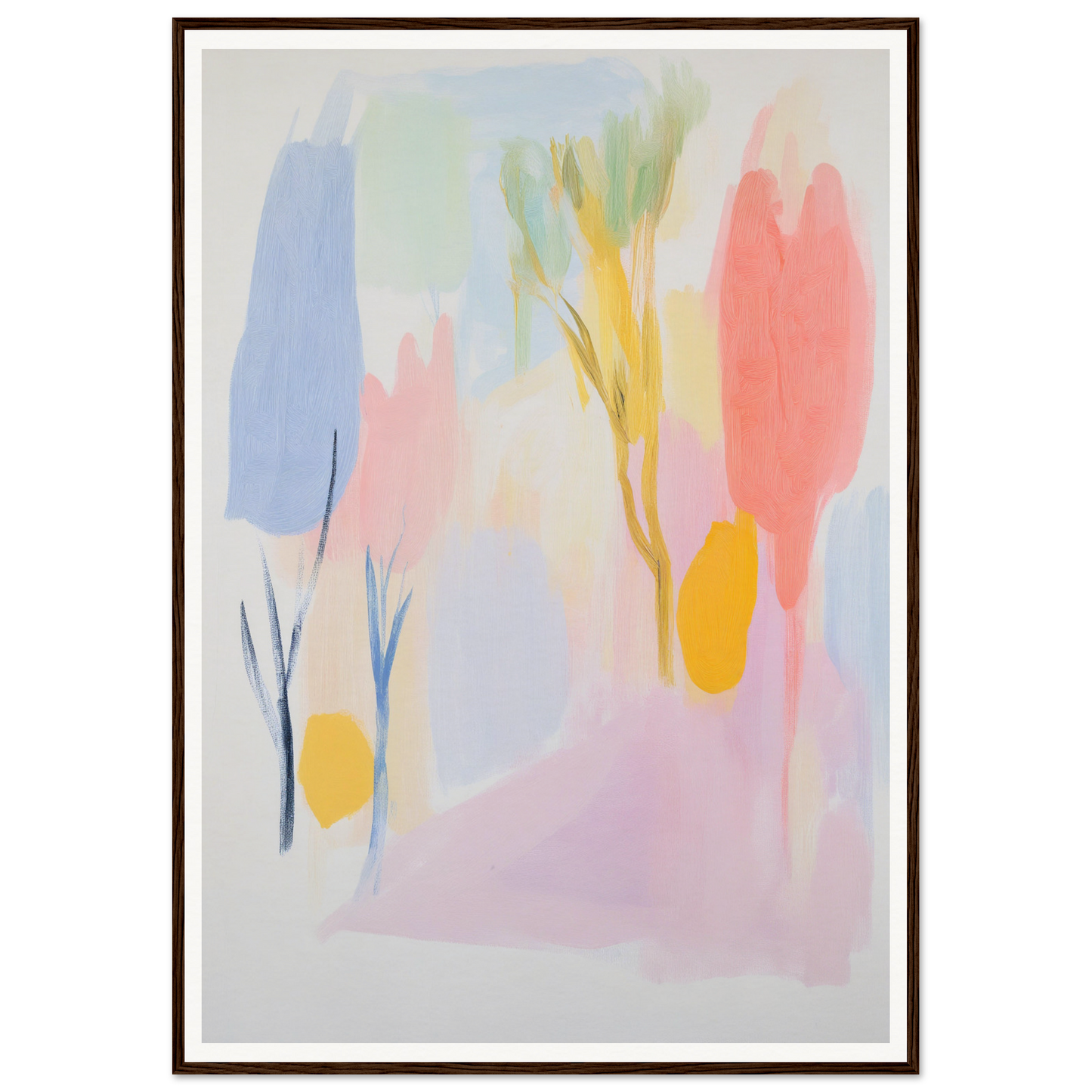 Framed wall art: Abstract painting with pastel colors and tree-like shapes.