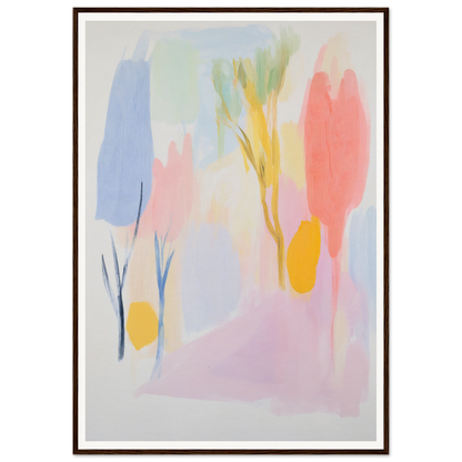 Framed wall art: Abstract painting with pastel colors and tree-like shapes.