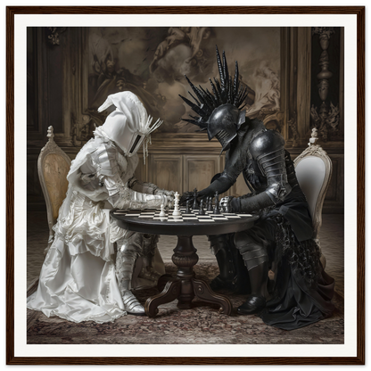 Two armored figures in white and black play chess in Duelling Nightmares’ Vision art