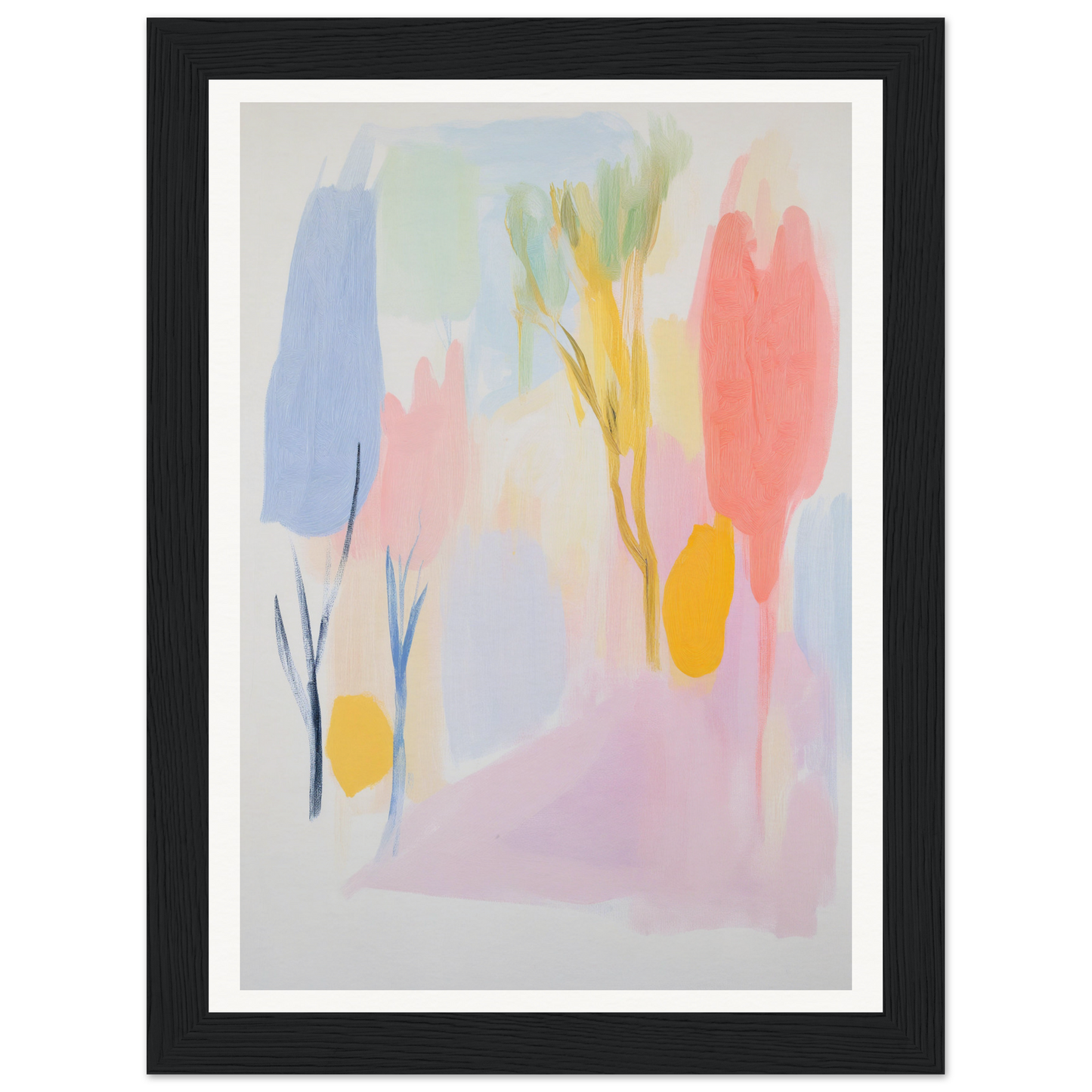 Framed wall art with pastel abstract brushstrokes adds charm to any room.