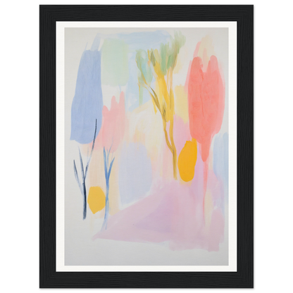 Framed wall art with pastel abstract brushstrokes adds charm to any room.