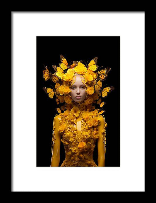 Surreal portrait featuring a figure adorned with vibrant yellow butterflies and floral elements against a dark background.