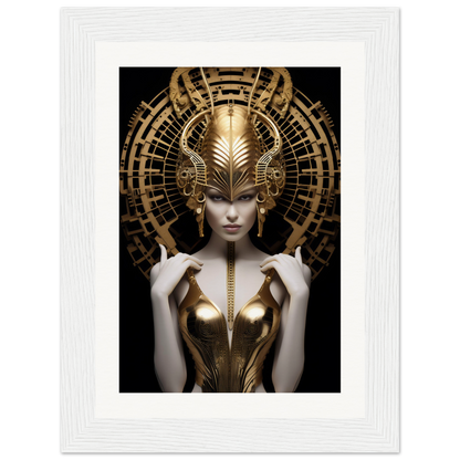 Ornate golden headdress and bodice adorning a pale figure against a dark background.