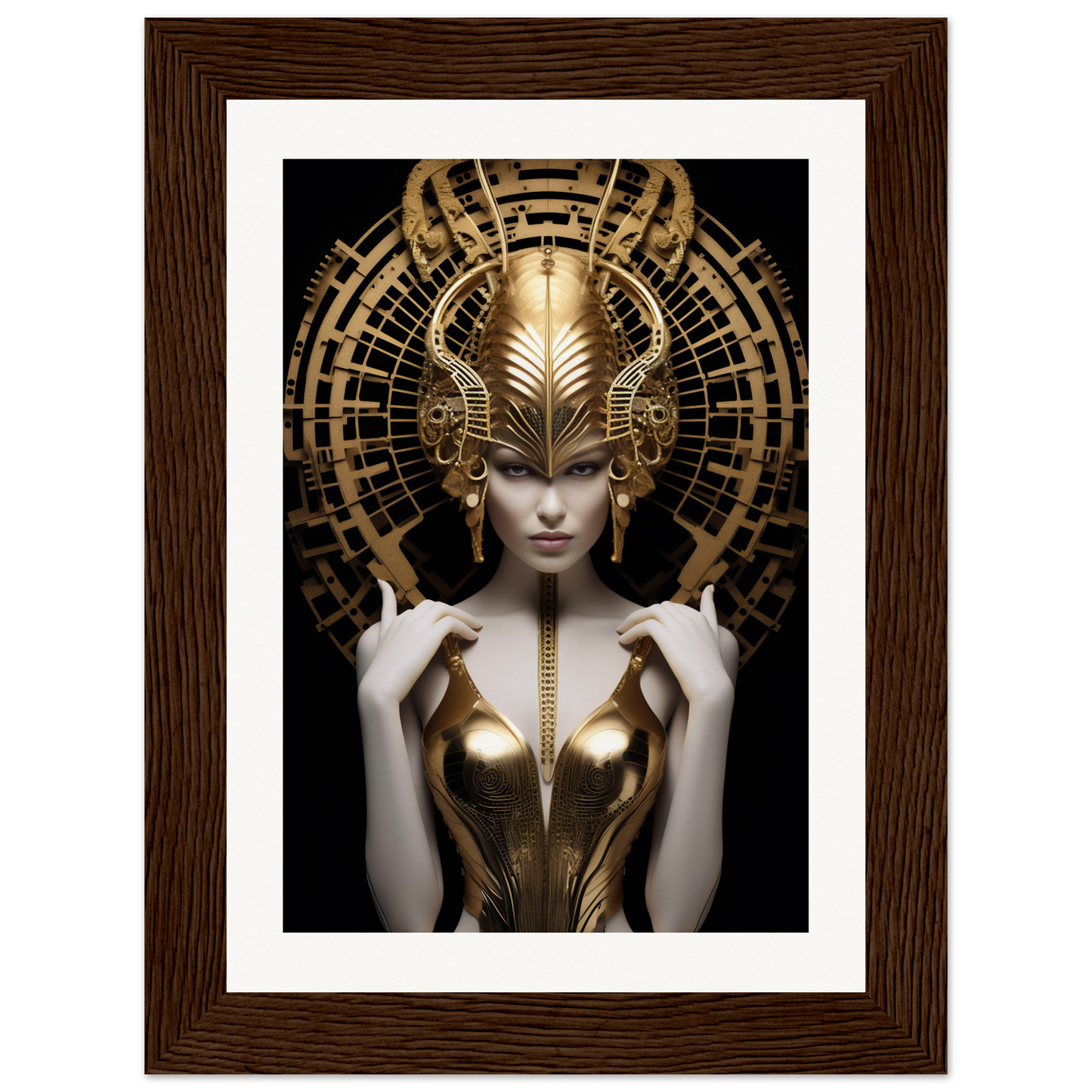 Ornate golden headdress and metallic bodice adorning a pale figure against a dark background.