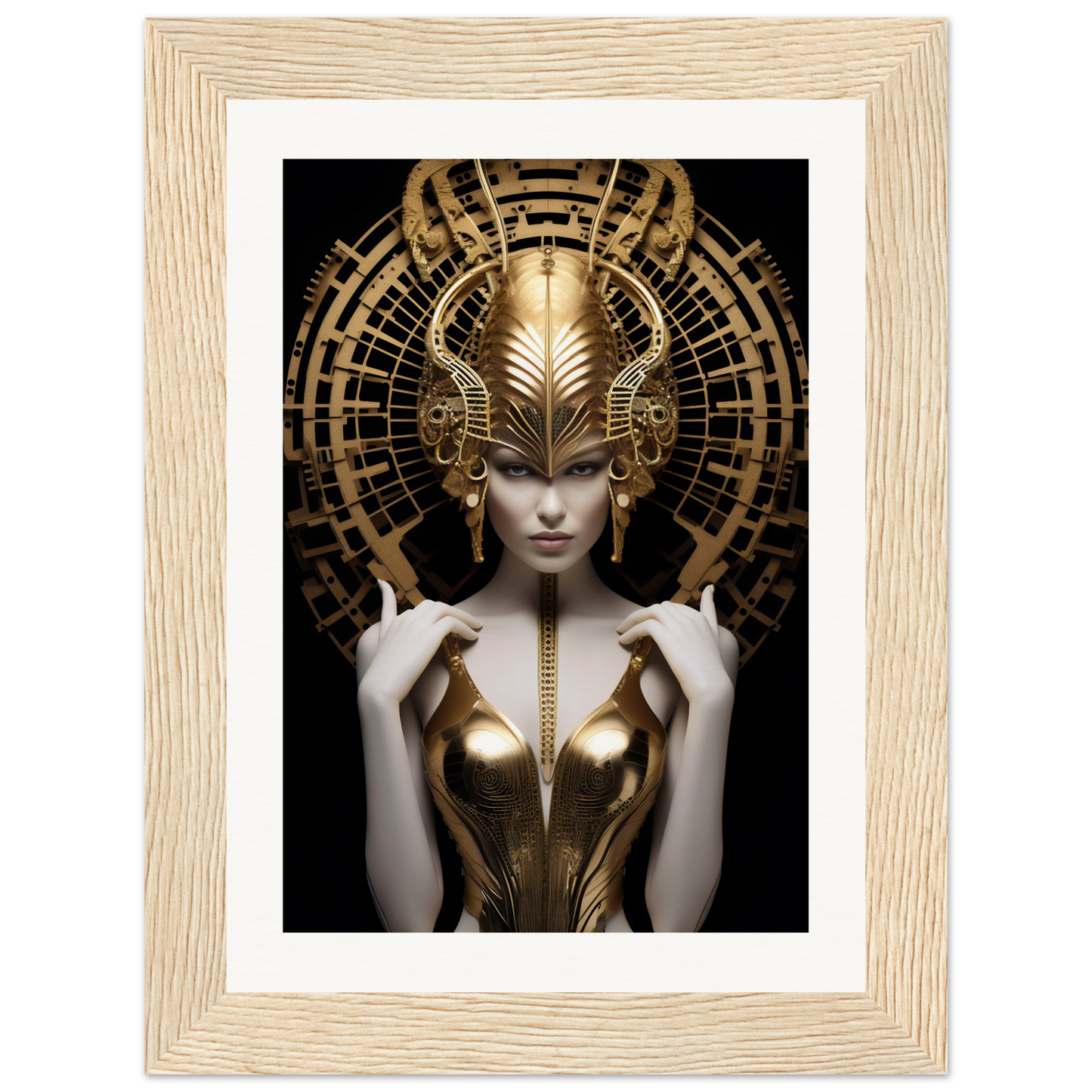 Ornate golden headdress and metallic bodice adorning a pale figure against a dark background.