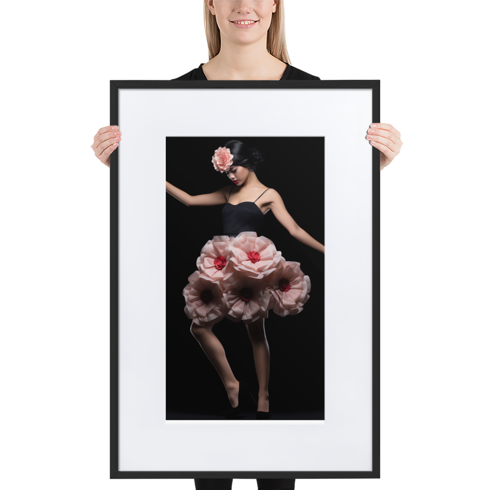 Framed photograph of a dancer wearing a dress made of pink flowers against a dark background.