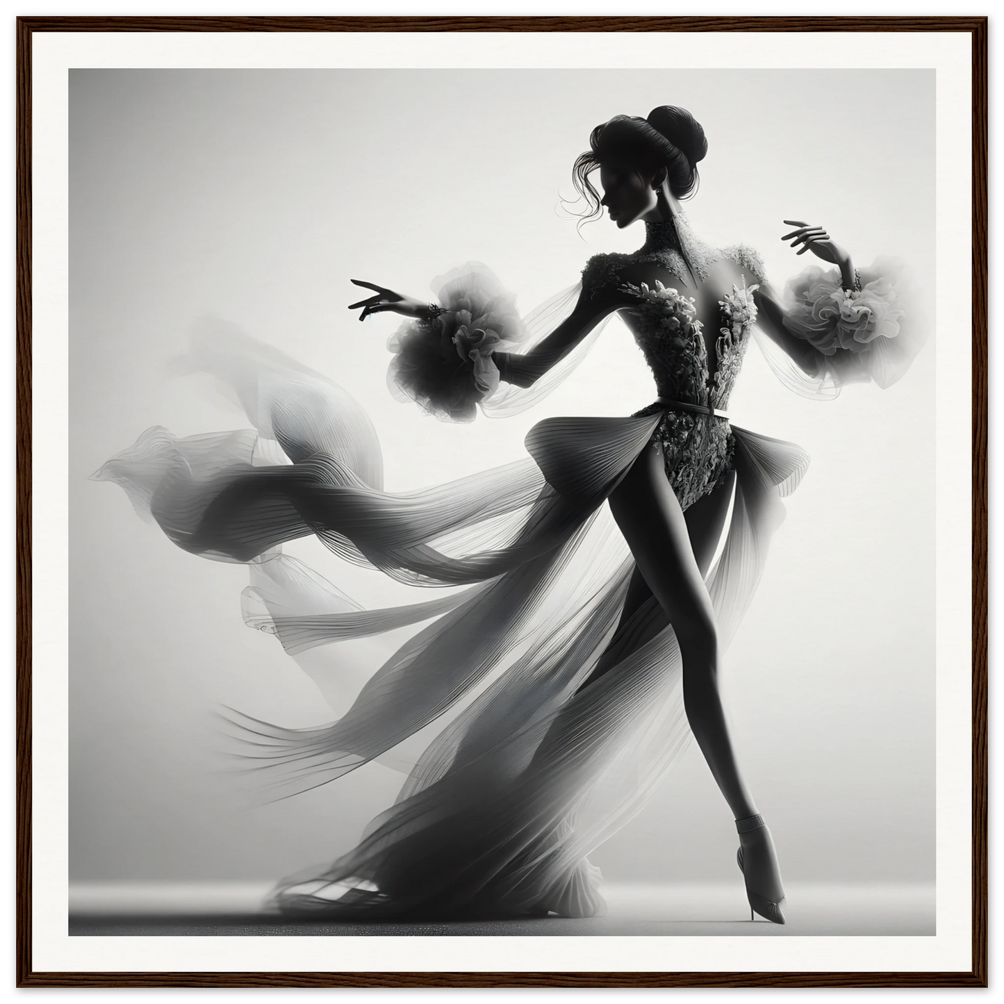 Graceful dancer in flowing dress showcasing Dancing Lightstreams Afloat on museum-quality paper