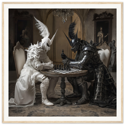 Chess match of armored figures at a table in Armor’s Silent Gambit framed poster