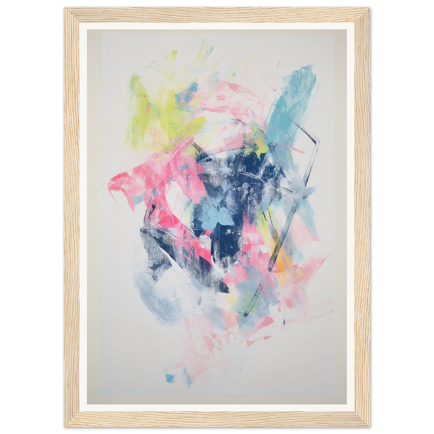 Framed wall art with bold strokes of blue, pink, yellow, and white for chic room decor.