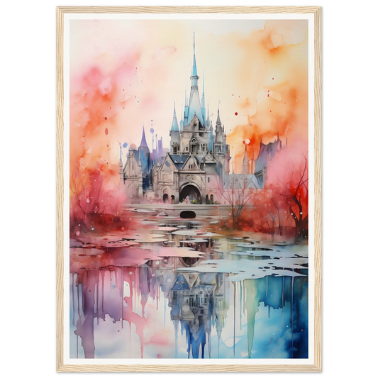 Fairytale castle with spires reflected in water, painted in dreamy watercolors.