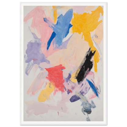 Framed wall art with bold strokes in pink, blue, yellow, red, and black.