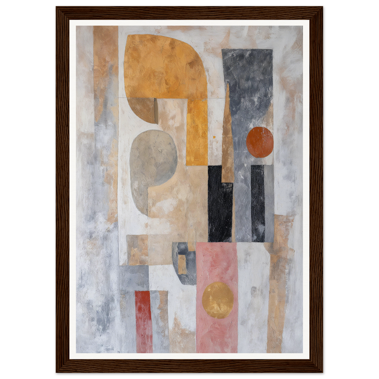 Framed wall art: Abstract geometric painting in muted colors with a dark wood frame.