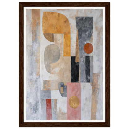 Framed wall art: Abstract geometric painting in muted colors with a dark wood frame.