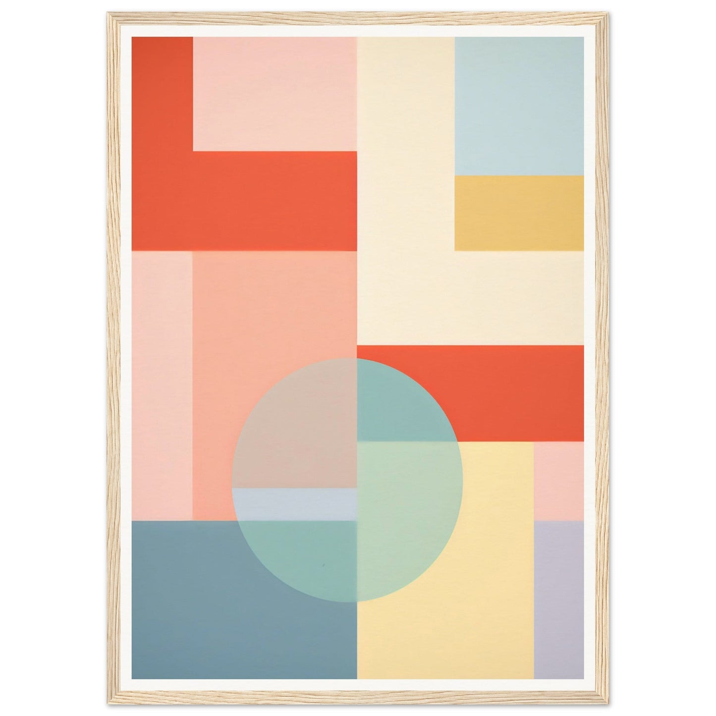 Abstract geometric artwork featuring colorful rectangular shapes and a circular element in pastel hues.