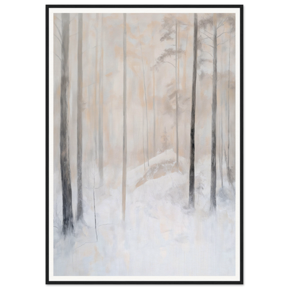 Framed wall art of a foggy forest with tall, thin trees and snow-covered ground.