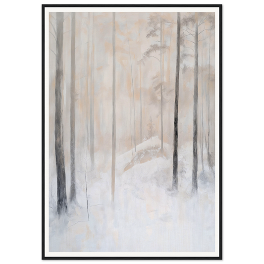 Framed wall art of a foggy forest with tall, thin trees and snow-covered ground.